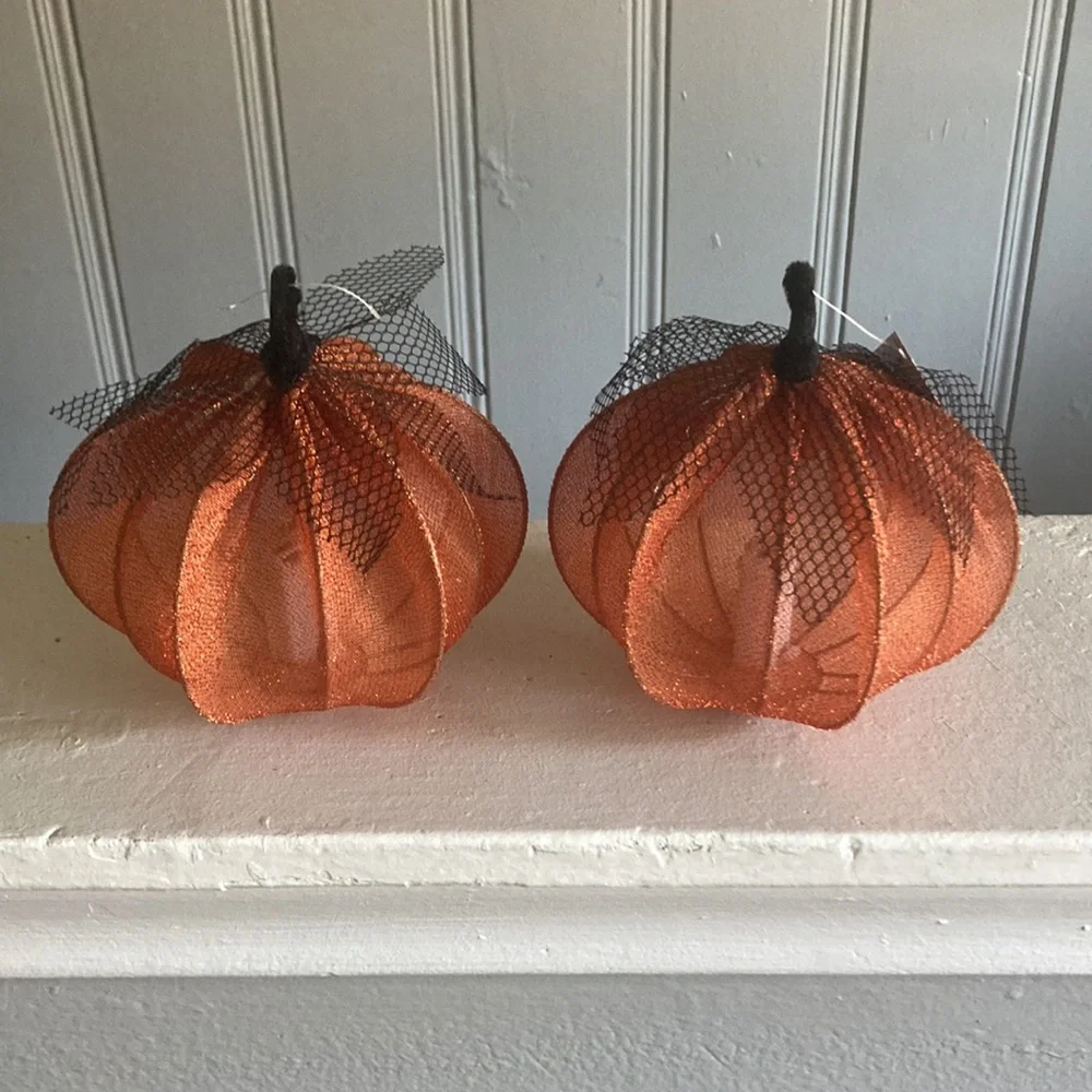 NWT- 2- Elegant Orange Lace Covered Light Up LED Halloween Pumpkin Decorations